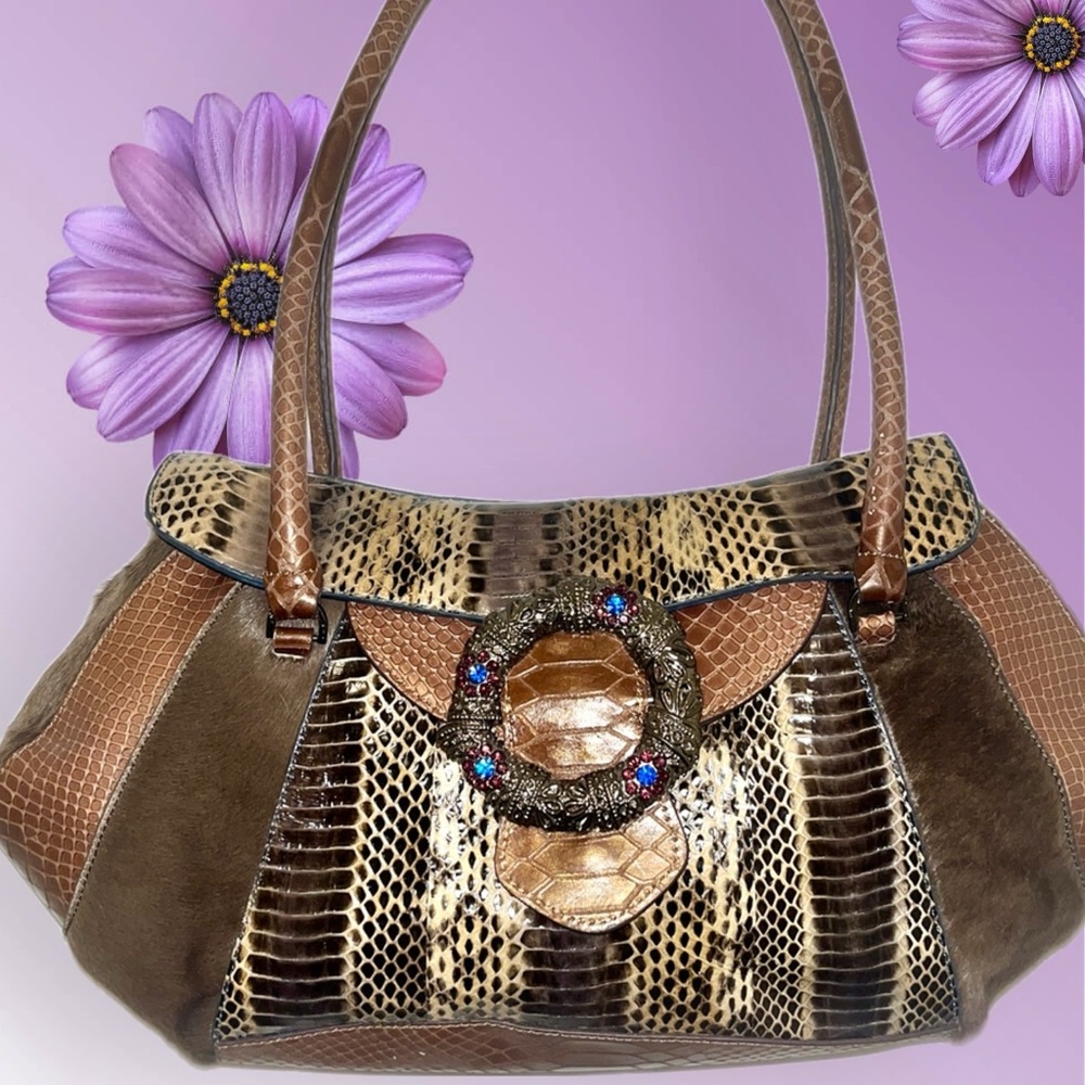 Sharif Studio Snake Embossed & Calf Hair Purse Top Handle Bag w/Charm